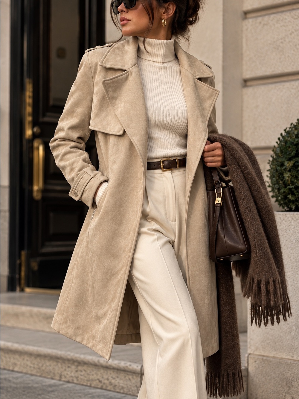 NWOT Faux Suede Trench Coat Beige Tan Longline Quiet Luxury M